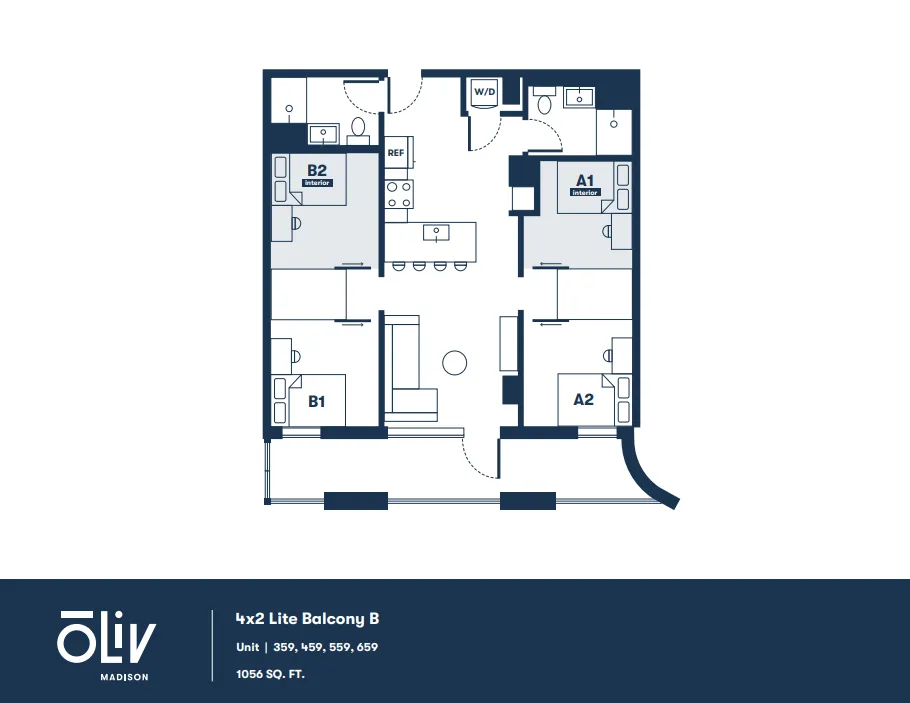 Modern 4x2 Lite Balcony B floor plan featuring four bedrooms, open kitchen with island, spacious living room, and 1056 sq ft of elegant living space.
