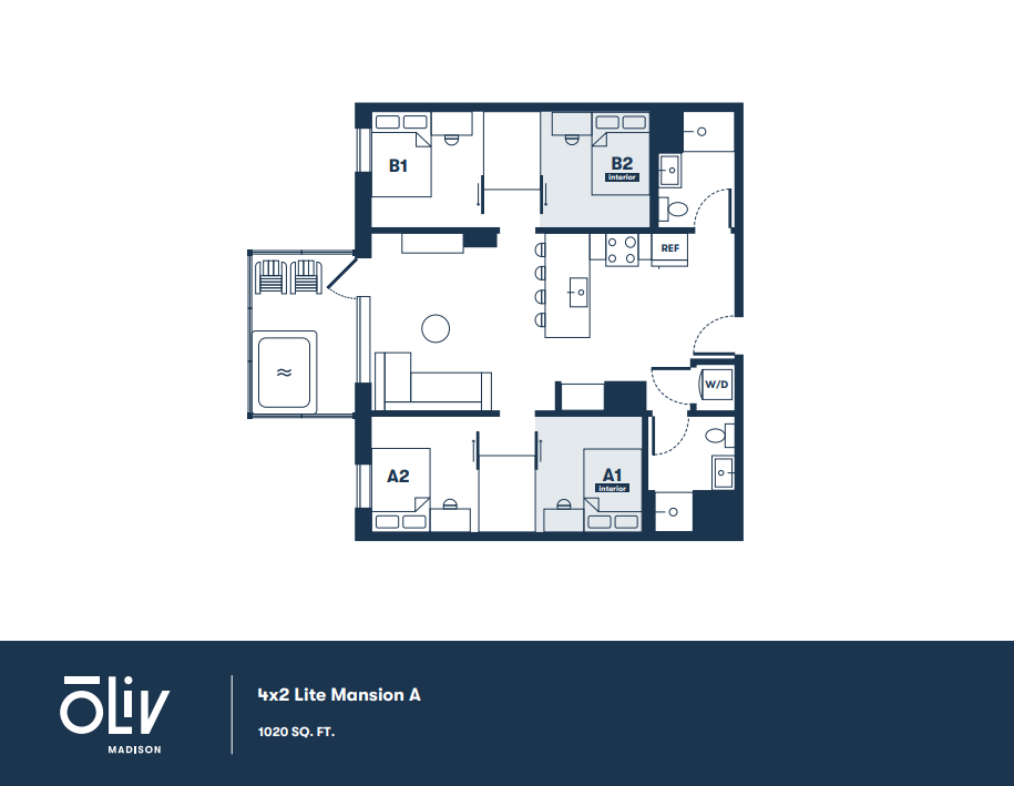 Modern 4-bedroom floor plan featuring spacious living area, open kitchen, and two bathrooms in a 1020 sq. ft. apartment.