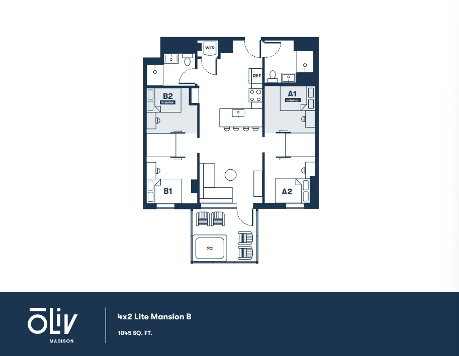 Modern floor plan of 4x2 Lite Mansion B, featuring four bedrooms and two bathrooms, designed for comfort and style with 1045 sq. ft. of living space.
