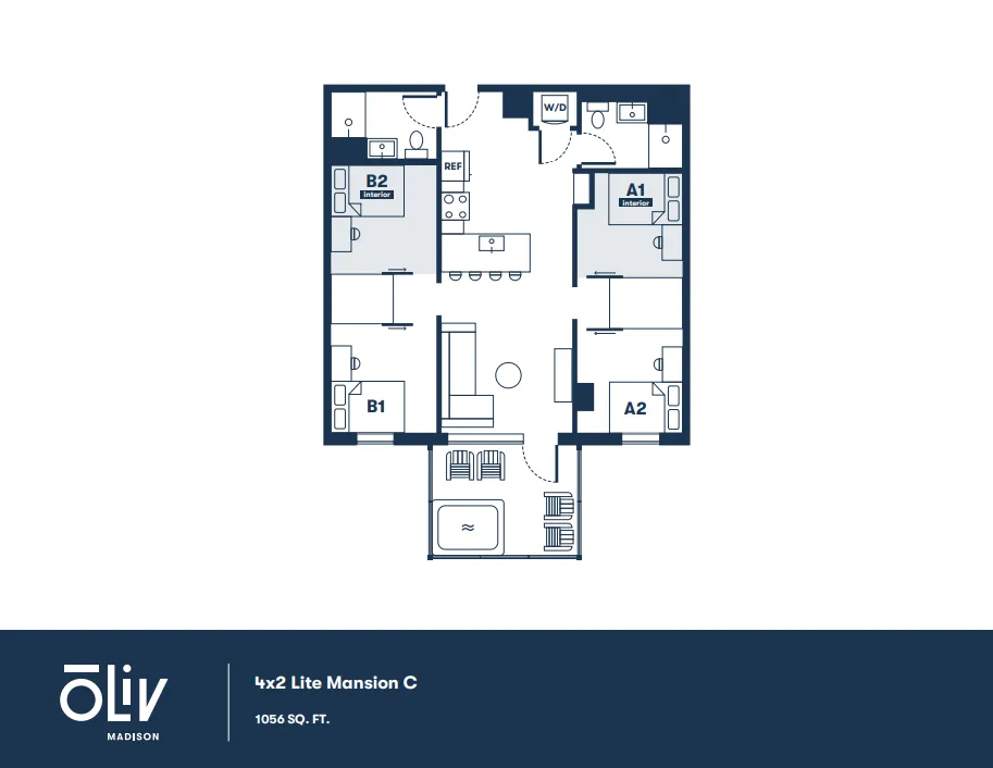 Modern 2D floor plan of a 4-bedroom, 2-bathroom luxury apartment with spacious living area and kitchen, spanning 1056 sq ft, ideal for stylish living.