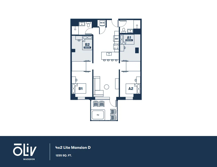 Elegant floor plan of a 4x2 Lite Mansion D, featuring four bedrooms, modern kitchen, and inviting living space, 1235 sq ft.