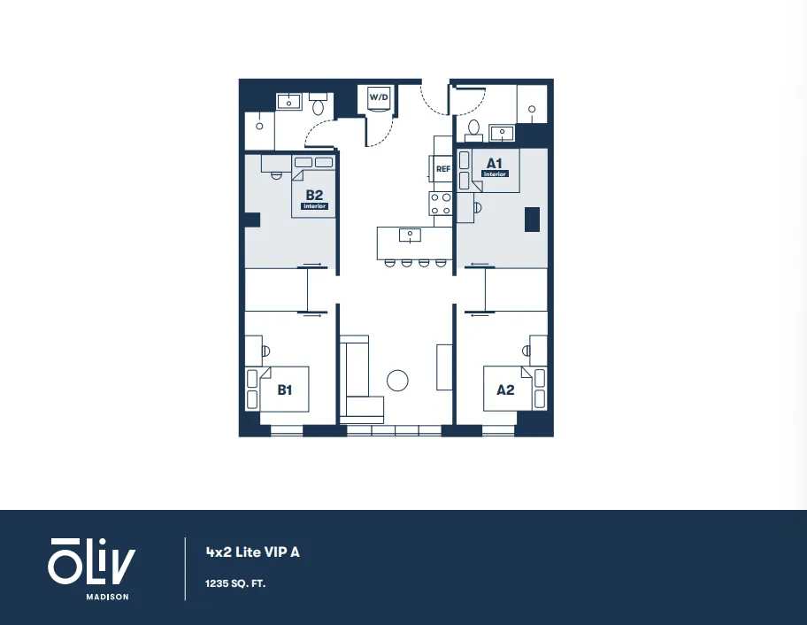 Spacious 4x2 Lite VIP A floor plan with 4 bedrooms, stylish living area, and modern kitchen, 1235 sq. ft.