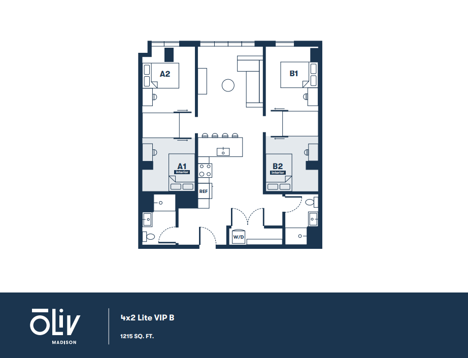Modern 4x2 Lite VIP B floor plan offering 4 bedrooms and 2 bathrooms, showcasing a spacious open-concept living area and kitchen, totaling 1215 sq. ft.
