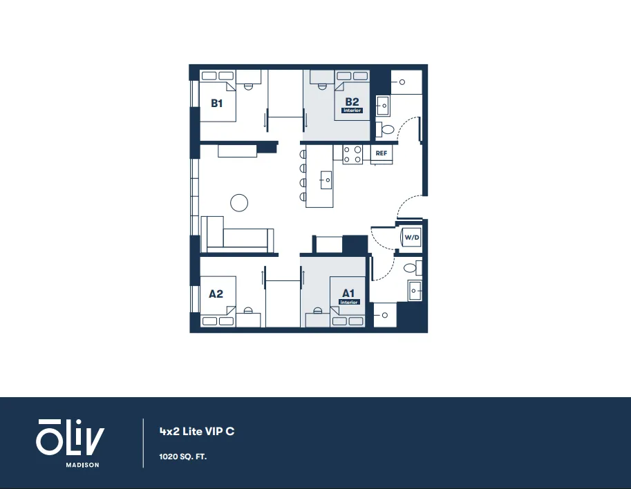 Modern 4-bedroom apartment floor plan with spacious living area, efficient kitchen layout, and 1020 sq ft of stylish living space.
