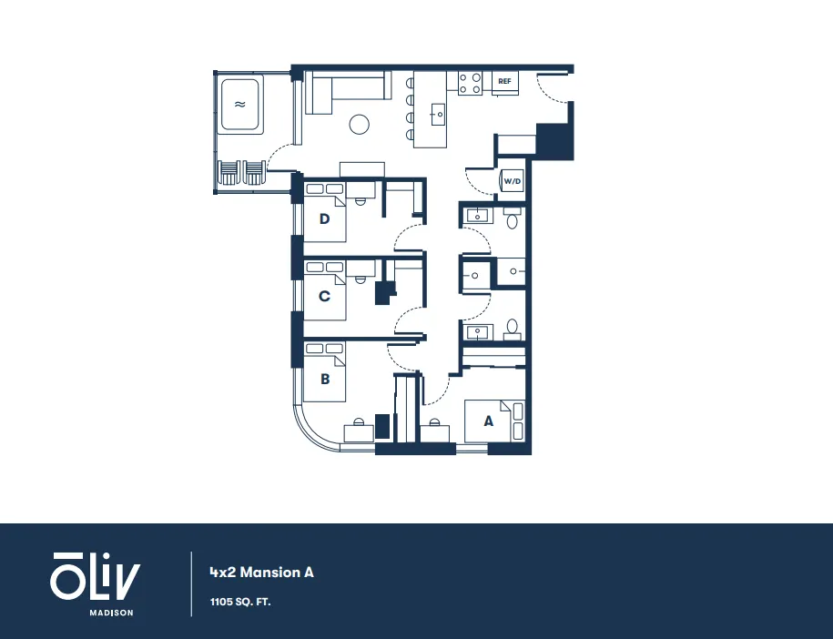 Contemporary floor plan for Oliv Madison showcasing a 4x2 Mansion A layout with four bedrooms, expansive open living space, modern kitchen, and two bathrooms, totaling 1105 square feet.