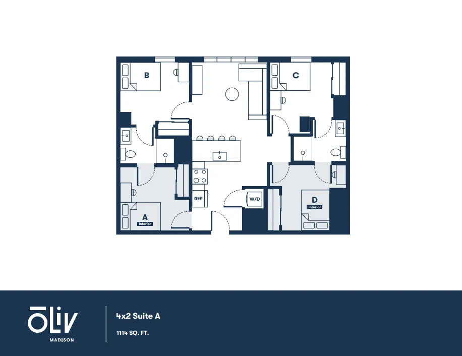 Modern 4-bedroom floor plan at Oliv Madison, featuring a spacious open living area, stylish kitchen, and efficient layout, covering 1114 sq. ft.