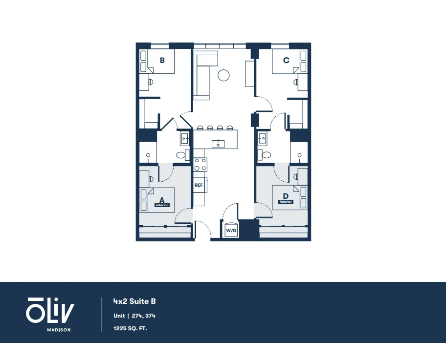 Modern floor plan showcasing a 4-bedroom suite with open living area and stylish kitchen, perfect for comfortable living. Includes two bathrooms and convenient in-unit washer/dryer, spanning 1225 sq ft.
