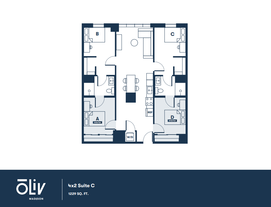 Contemporary 4-bedroom suite floor plan with spacious living and dining areas, modern kitchen, and two bathrooms, totaling 1229 sq. ft., perfect for stylish urban living.