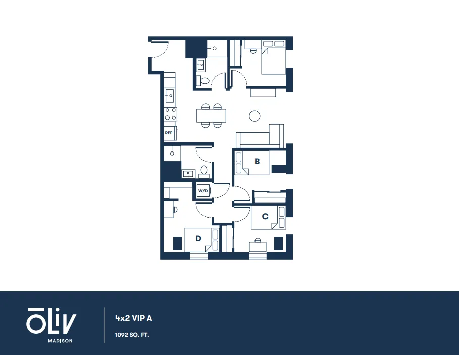 Modern floor plan of Oliv Madison's 4x2 VIP A, featuring four bedrooms, open living area, and efficient kitchen layout, spanning 1092 sq. ft.