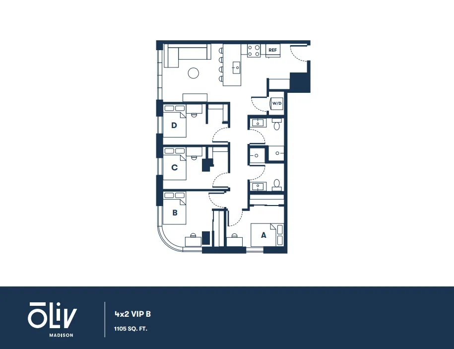 Modern 4-bedroom VIP floor plan with spacious living area, sleek kitchen, and two well-appointed bathrooms, totaling 1105 sq ft.