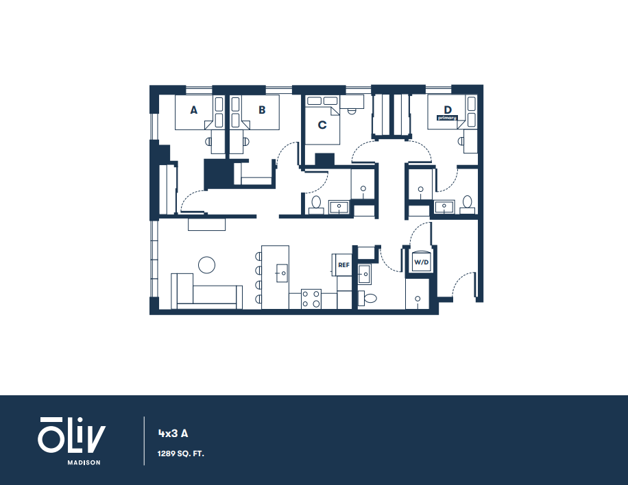 Modern 4x3 A apartment floor plan in Oliv Madison featuring four spacious bedrooms, three bathrooms, open living and dining area, and a well-equipped kitchen within 1289 sq. ft.