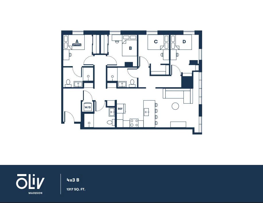 Oliv Madison floor plan showcasing 4 bedrooms, 3 bathrooms, spacious living area, and modern kitchen in 1317 sq ft.