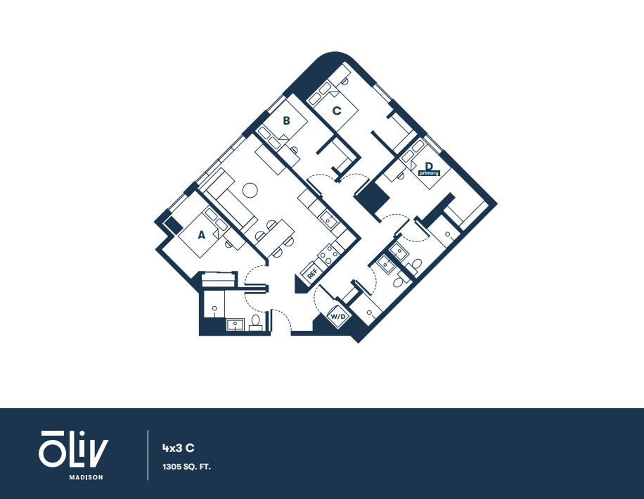Modern 4x3C floor plan at 1305 sq. ft., featuring four spacious bedrooms, a sleek kitchen, and an inviting living area at Oliv Madison.