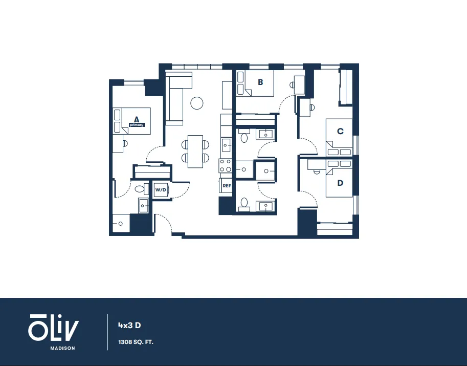 Modern 4x3 D floor plan featuring spacious layout with four bedrooms, three bathrooms, and open living area, Madison, 1308 sq ft.