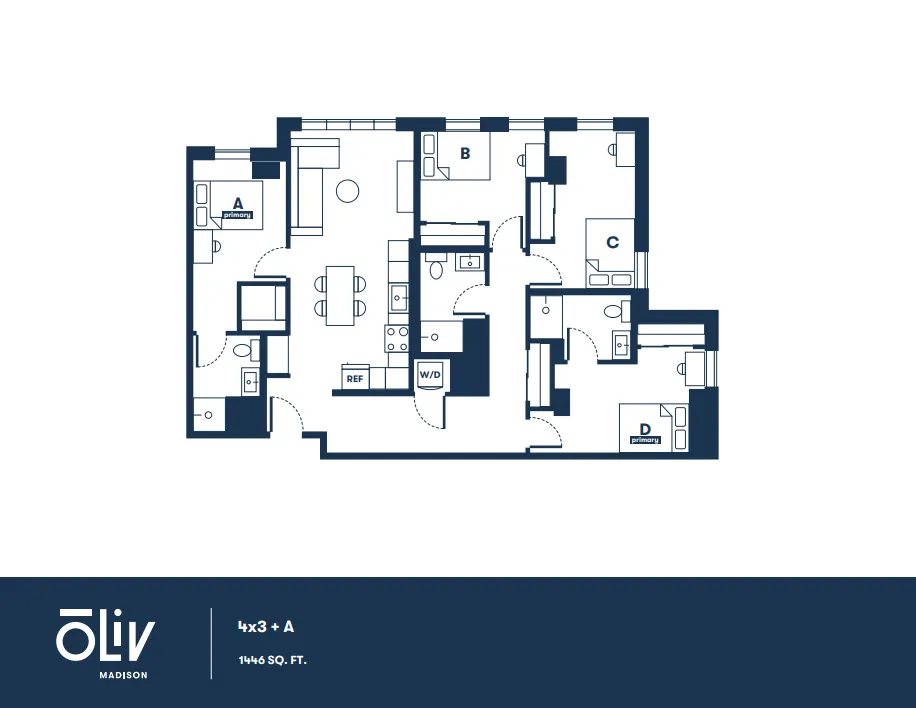 Elegant 4-bedroom, 3-bathroom floor plan at Oliv Madison, featuring open living and dining area, modern kitchen, and in-unit washer/dryer, spanning 1446 sq. ft.