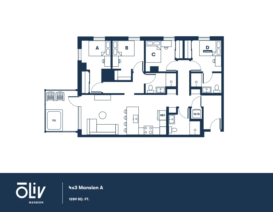 Modern 4x3 Mansion A floor plan featuring four bedrooms, three bathrooms, open living space, and a stylish kitchen, covering 1289 sq. ft.