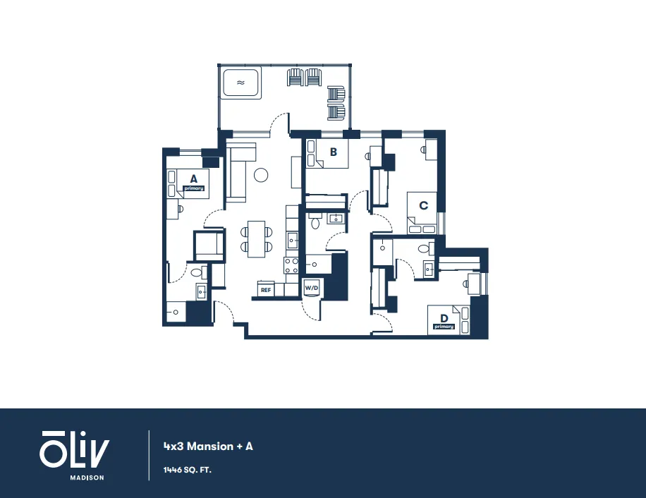 Spacious 4x3 Mansion floor plan offering 4 bedrooms, a modern open-concept living area, and ample kitchen space, spanning 1146 sq. ft.