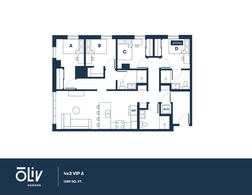 Modern floor plan for a spacious 4-bedroom, 3-bath VIP apartment layout, featuring an open living area and kitchen, with convenient in-unit washer and dryer. Total area: 1289 sq. ft.