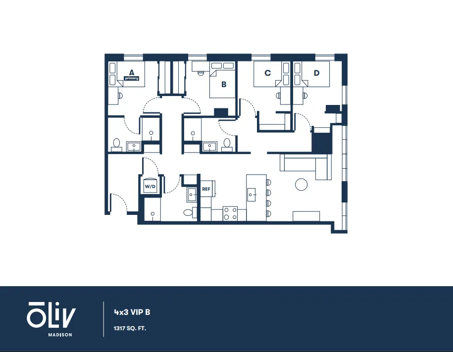 Modern 4-bedroom VIP floor plan featuring spacious living area, open kitchen, and 3 bathrooms, totaling 1317 sq ft at Oliv Madison.