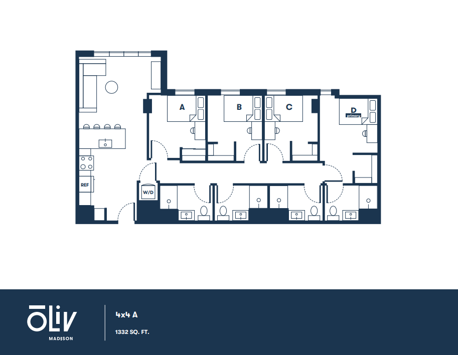 Oliv Madison floor plan showcasing a stylish 4x4 A layout with four bedrooms, spacious open-concept living room, modern kitchen, and in-unit washer/dryer, totaling 1332 sq ft.