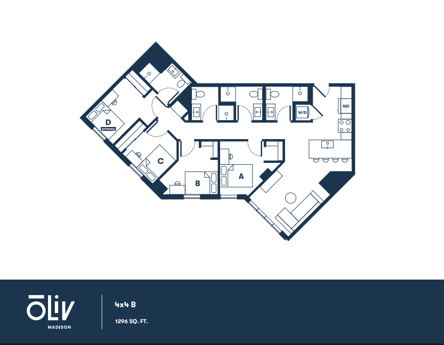 Modern 2D floor plan of Oliv Madison's 4x4 B unit, featuring four spacious bedrooms, a contemporary open living area, and a sleek kitchen with 1296 sq. ft.