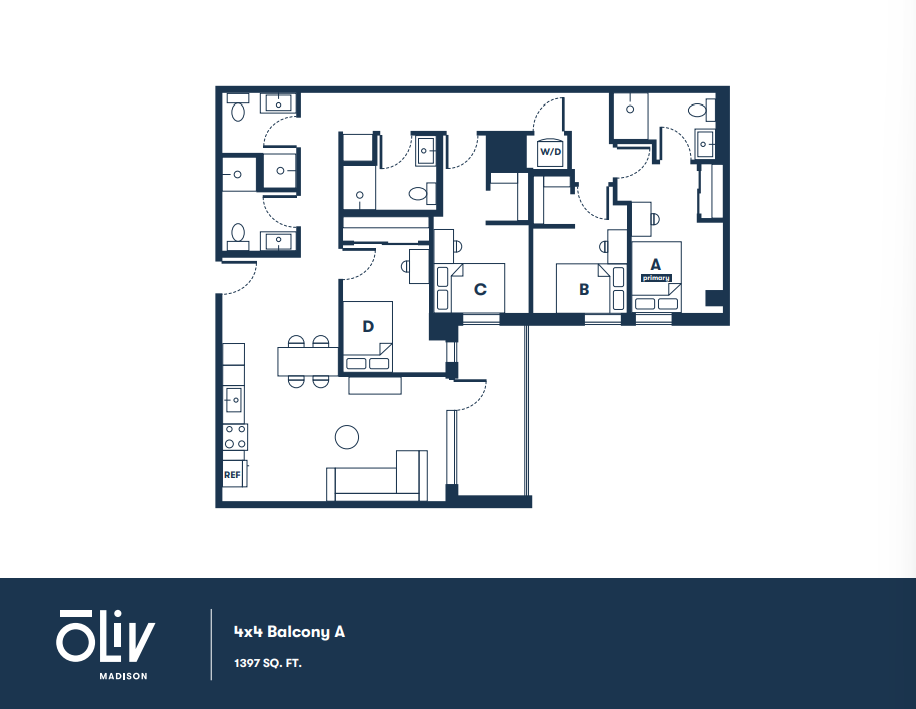 Spacious 4x4 Balcony A floor plan, featuring four bedrooms, four bathrooms, a modern kitchen, and a cozy living area, spread over 1397 square feet.
