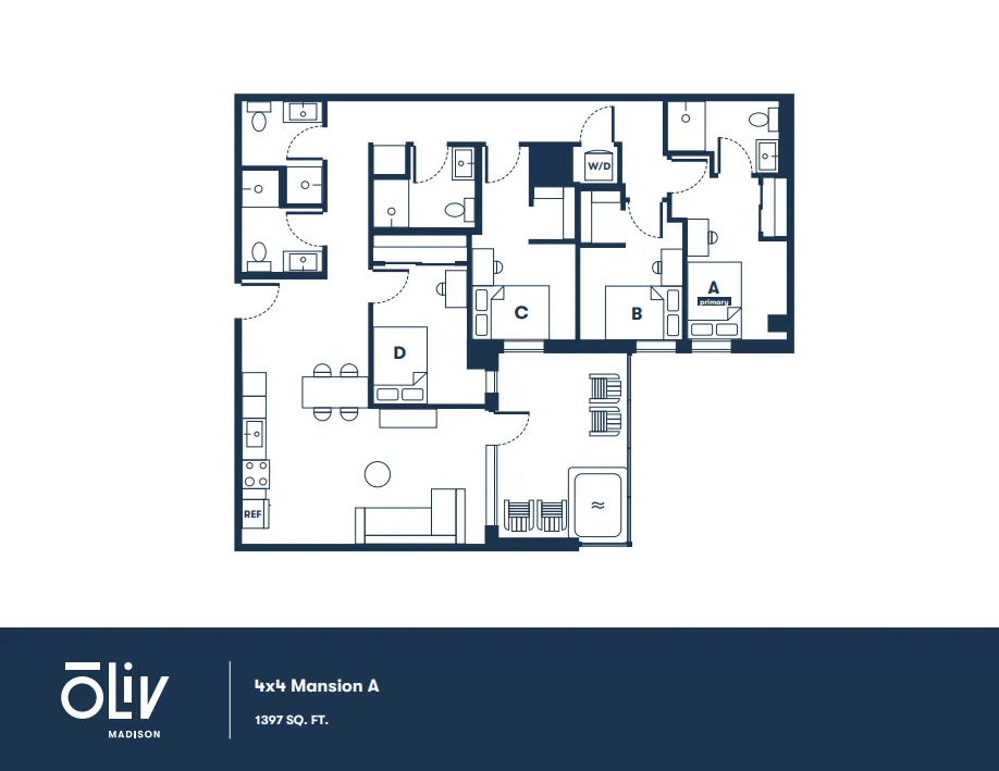 Spacious 4x4 Mansion A floor plan with four bedrooms, modern living area, and sleek kitchen, 1397 sq. ft.