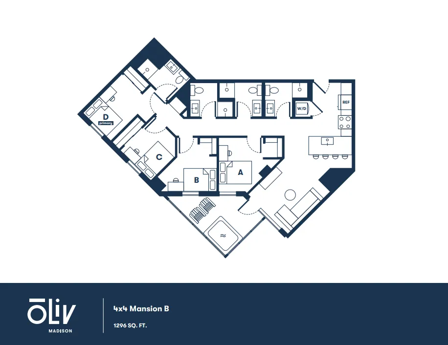 Modern 4-bedroom floor plan 'Mansion B' at Oliv Madison, featuring spacious living area, kitchen, and stylish layout, 1296 sq ft.