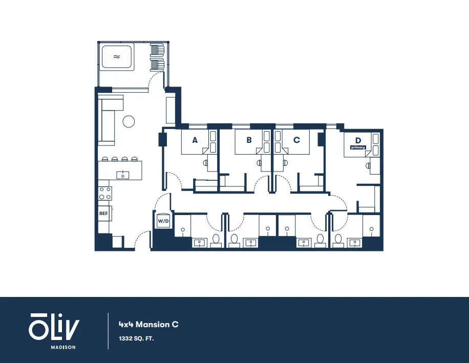 Modern 4x4 Mansion C floor plan featuring four bedrooms, spacious common area, kitchen, and multiple bathrooms, totaling 1332 sq ft.