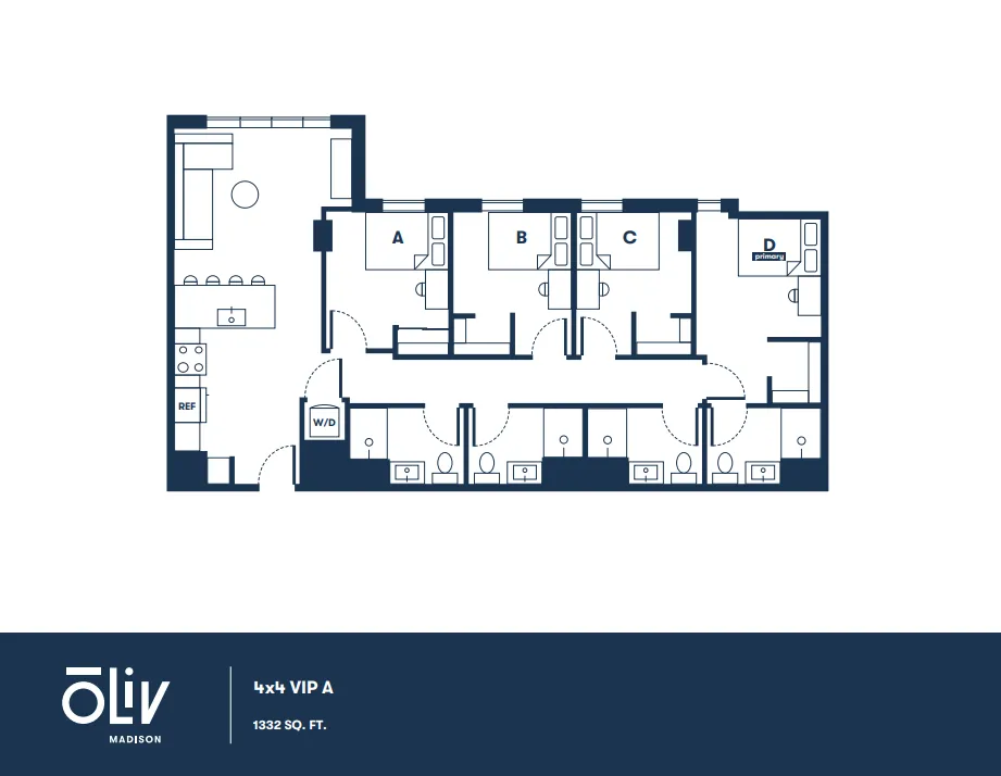 Oliv Madison 4x4 VIP A floor plan featuring 4 bedrooms each with private bathrooms, open-concept living and kitchen area, and in-unit laundry, totaling 1332 sq ft.