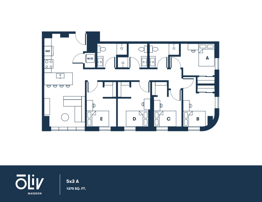 Modern floor plan for Oliv Madison featuring 5 bedrooms, 3 bathrooms, open living area, and a spacious kitchen, spanning 1375 sq. ft.