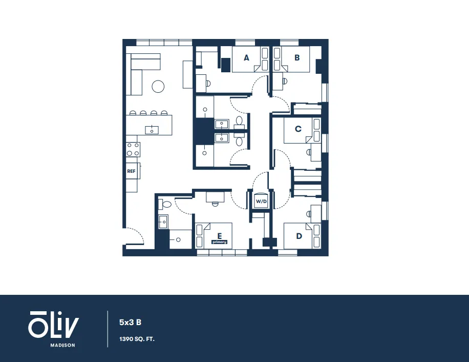 Elegant 5-bedroom floor plan with 3 bathrooms, spacious kitchen, and inviting living area, totaling 1390 sq ft at Oliv Madison.