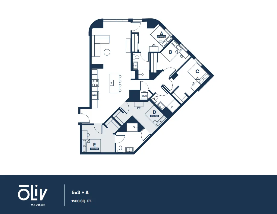 Elegant floor plan showcasing a 5-bedroom, 3-bathroom apartment with a modern open-concept kitchen, dining area, and stylish interiors totaling 1580 sq ft.