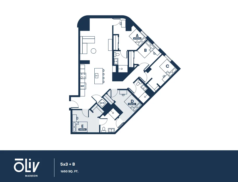 Contemporary floor plan showcasing 5 bedrooms, spacious living and dining area, with open-concept kitchen in a unique layout. Total area of 1650 sq. ft.
