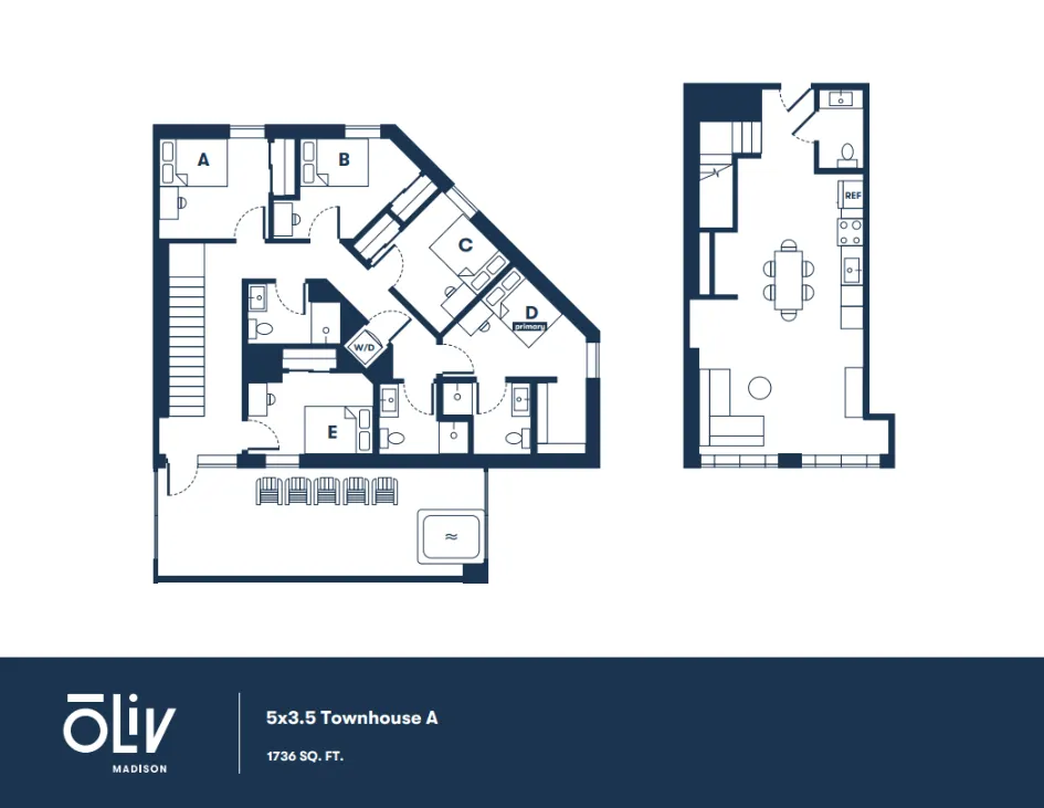 Elegant floor plan of Townhouse A in Liv Madison, featuring five bedrooms, 3.5 bathrooms, and an open-concept living area spread over 1736 sq. ft.