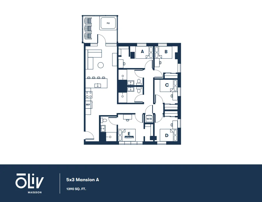 Elegant 5x3 Mansion A floor plan showcasing 5 bedrooms, a spacious open living area, modern kitchen, and essential amenities spread across 1390 sq. ft.