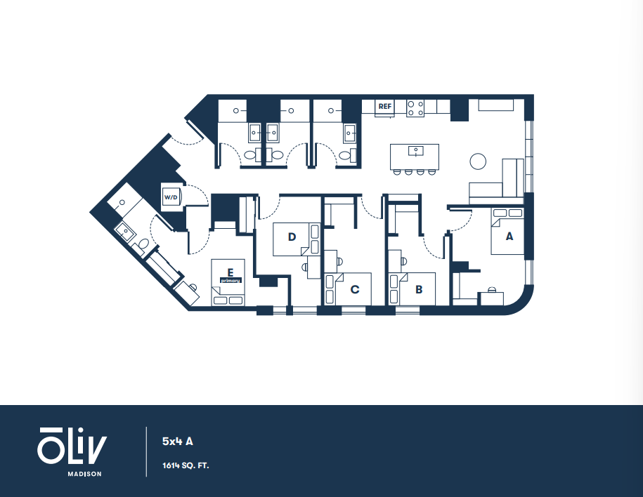 Spacious 5-bedroom floor plan with modern kitchen, expansive living area, and ample storage space, totaling 1614 sq ft.