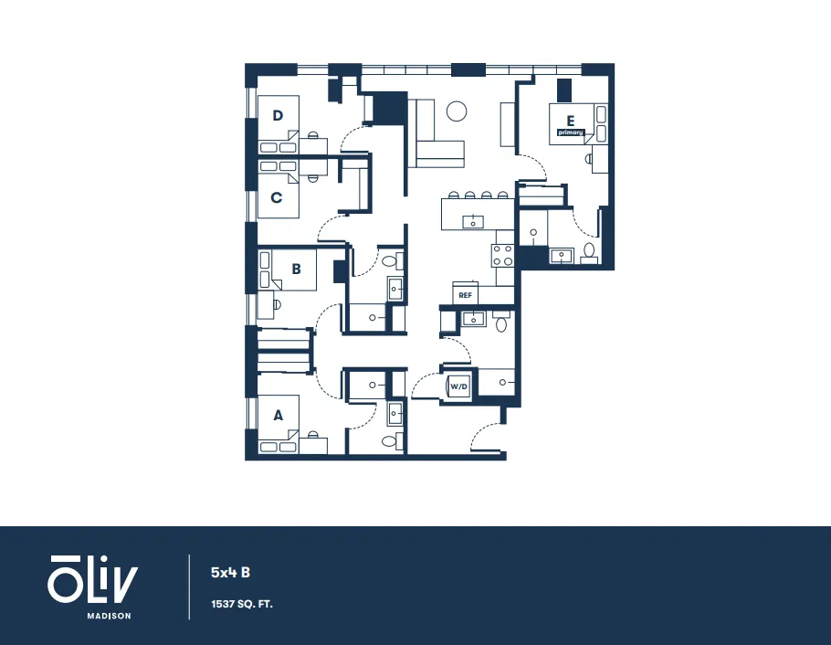 Expansive 5-bedroom floor plan featuring a modern kitchen, open living area, and multiple bathrooms in a 1537 sq ft layout.