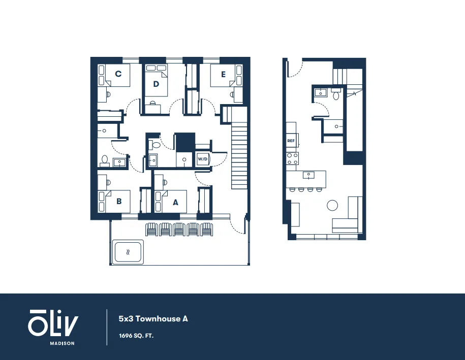 Oliv Madison 5x3 Townhouse A floor plan with 5 bedrooms, expansive living area, modern kitchen, and 1696 sq ft of elegant space.
