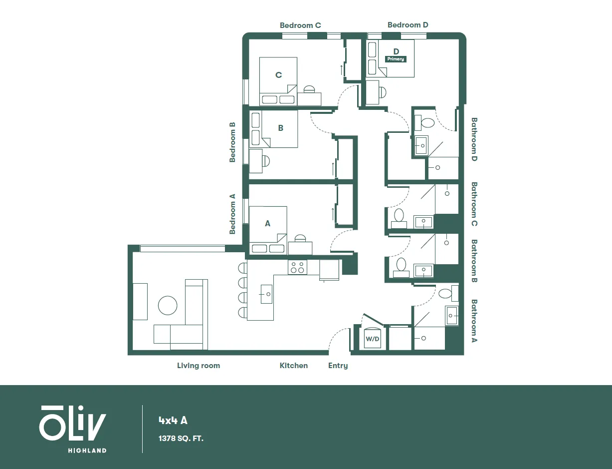 Modern floor plan of Oliv Highland featuring 4 bedrooms, spacious living room, and sleek kitchen, spread over 1378 sq. ft.