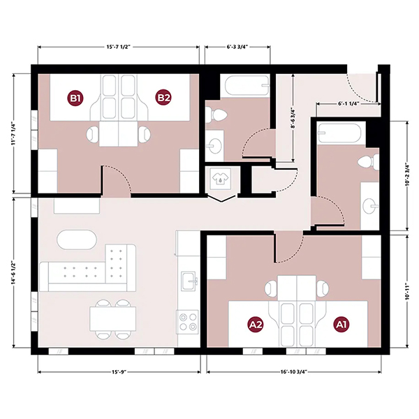 Elegant floor plan featuring four bedrooms, two bathrooms, and an open living-dining area, perfect for modern living.