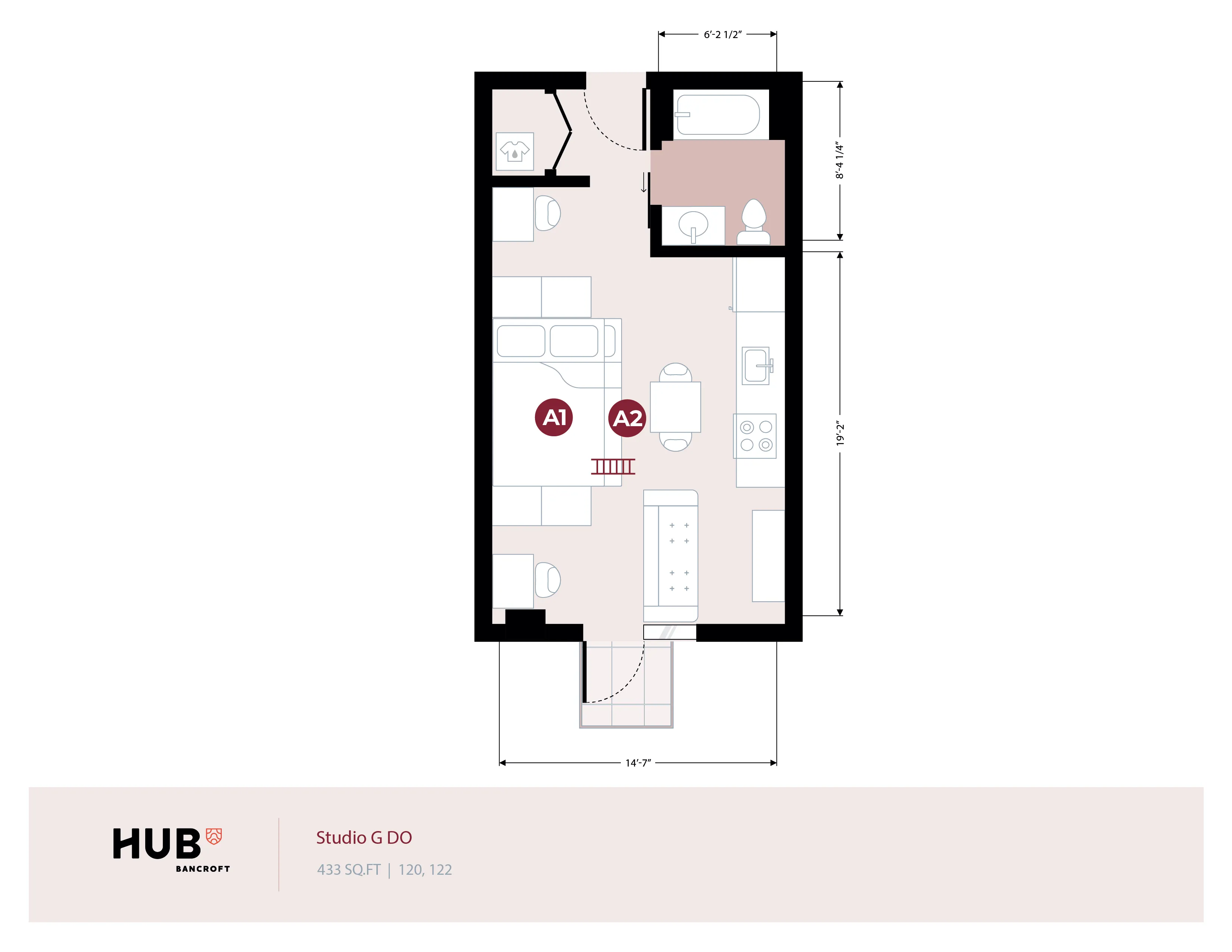 Studio G DO floor plan with efficient layout featuring sleeping area, modern kitchen, and combined living space, perfect for 433 sq ft urban living.