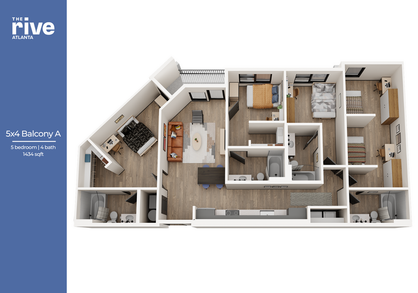 Modern 3D floor plan of the Rive Atlanta, showcasing a spacious 5-bedroom, 4-bathroom apartment. Features include an open living area, sleek kitchen, and large balcony, totaling 1434 sqft.