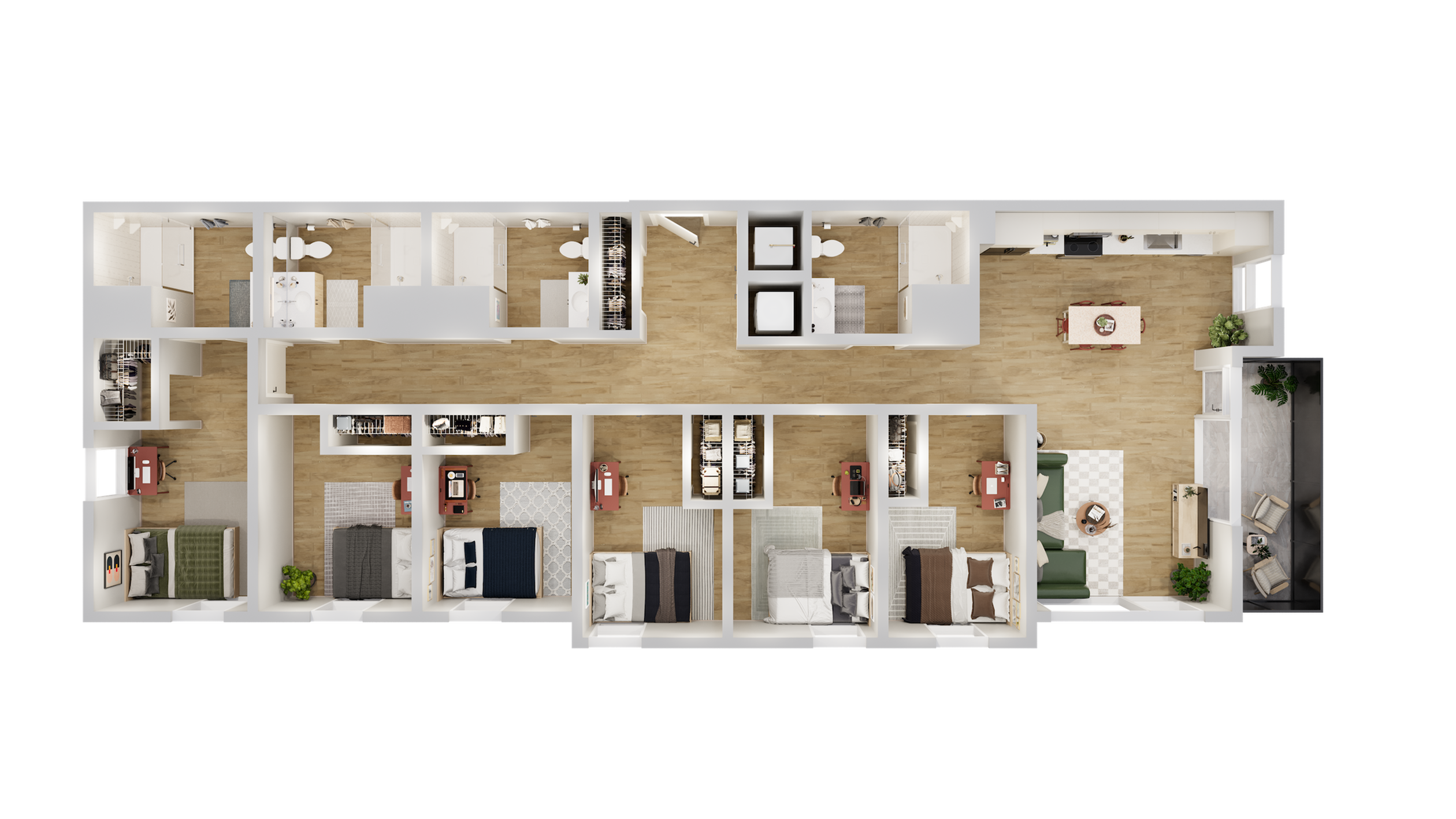 Elegant and spacious floor plan showcasing four bedrooms, three bathrooms, and an open-concept kitchen with living and dining areas, ideal for modern family living.