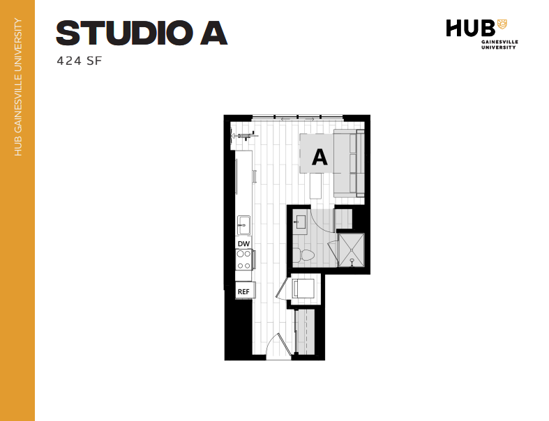 Modern Studio A floor plan at Hub Gainesville University, featuring 424 sq ft with open layout, kitchen, and cozy living space.