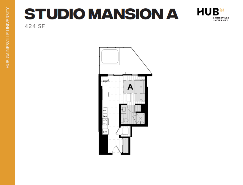 Modern Studio Mansion A floor plan with open living area and efficient design, 424 sq ft at Hub Gainesville University.