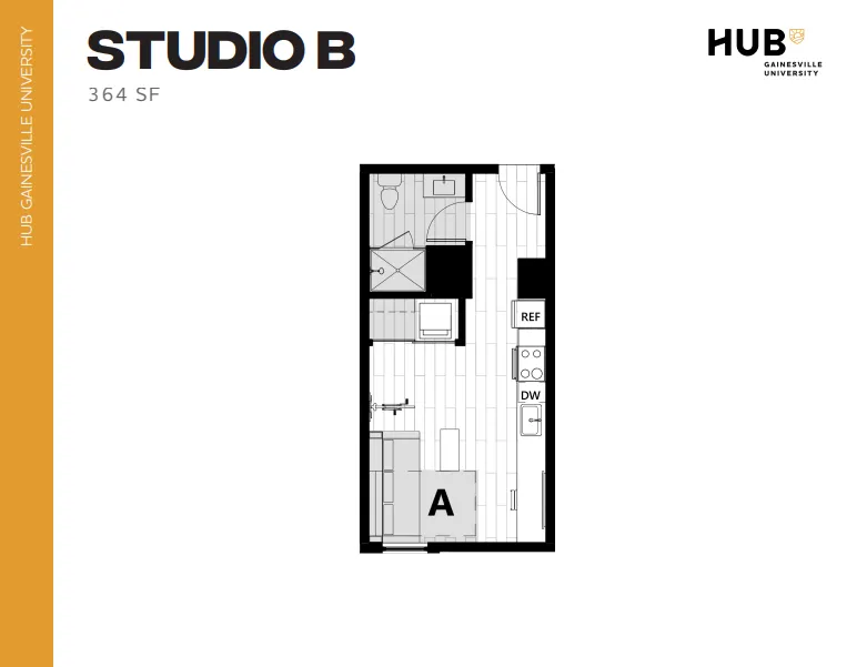 Chic studio floor plan B with 364 sq ft at Hub Gainesville University, featuring an efficient layout with modern kitchen, cozy living area, and stylish bathroom.