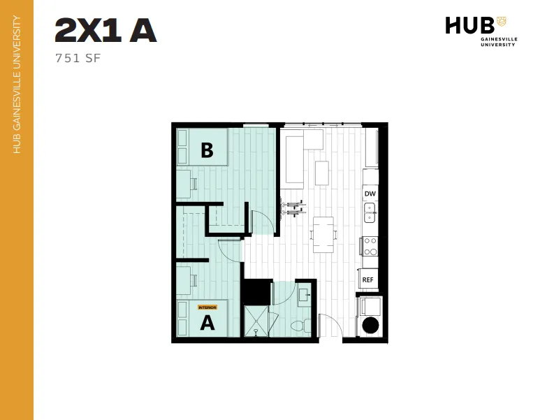 Modern 2X1 A floor plan at Hub Gainesville University featuring 2 bedrooms and open living area, 751 sq ft.