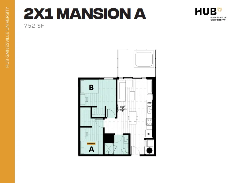 Modern floor plan of 2X1 Mansion A at HUB Gainesville University, featuring 2 bedrooms, a sleek living area, and a contemporary kitchen layout, totaling 752 sq ft.