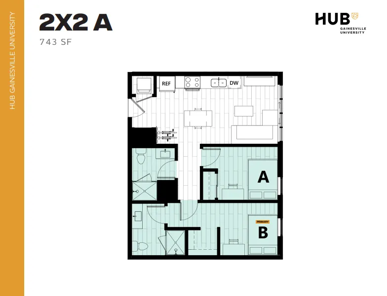Elegant 2D floor plan of HUB Gainesville University apartment, showcasing 2 bedrooms, 2 bathrooms, and an open kitchen-living area within 743 sq ft.